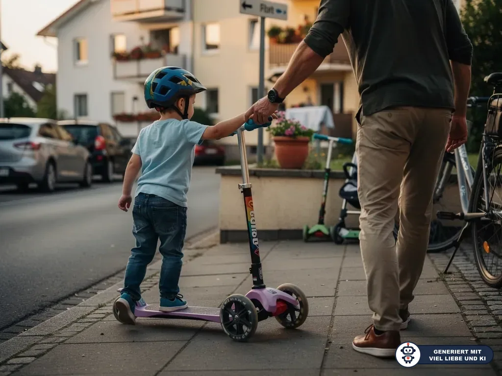 Kind mit Helm fährt auf einem dreirädrigen Tretroller, ein Erwachsener hält seine Hand auf dem Gehweg. (mit KI erstellt)
