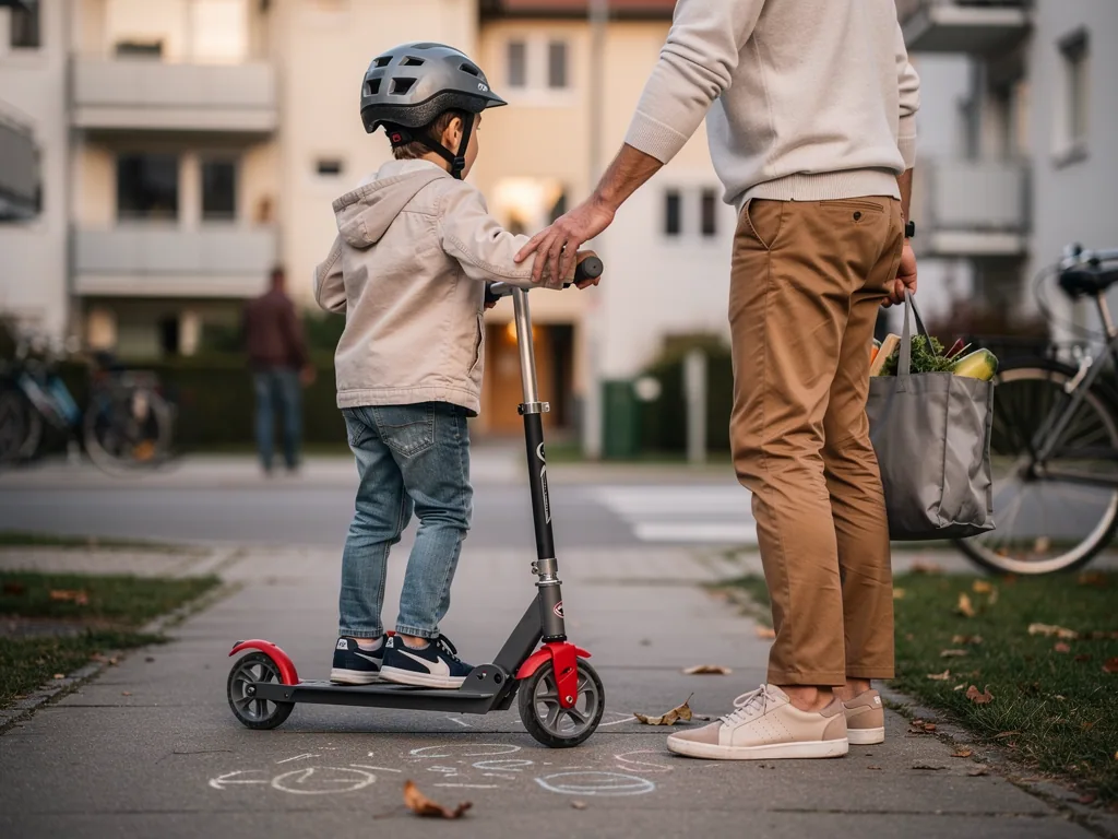 Kind mit Helm steht auf Tretroller, Erwachsener hält den Lenker auf einem Gehweg vor Wohnhäusern.