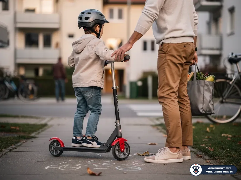 Kind mit Helm steht auf Tretroller, Erwachsener hält den Lenker auf einem Gehweg vor Wohnhäusern. (mit KI erstellt)