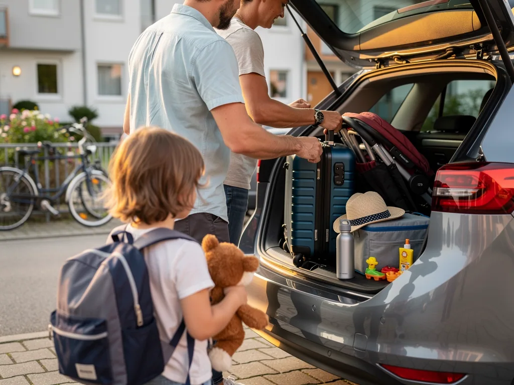 Kind mit Rucksack und Teddy steht am Auto, zwei Erwachsene packen Koffer und Kinderwagen in den Kofferraum.