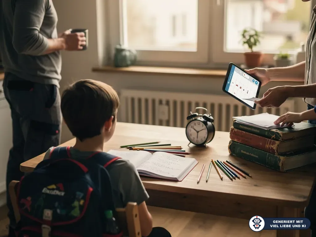 Kind mit Schulranzen sitzt am Tisch mit Heft, Stiften, Uhr, alten Büchern und Tablet-Kalender in der Hand eines Erwachsenen. (mit KI erstellt)