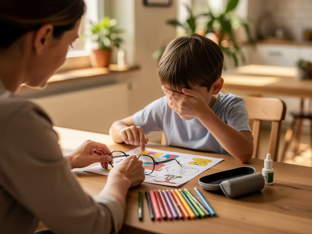 Kind reibt sich am Tisch die Augen, während eine Mutter beim Malen mit Stiften und Brille daneben sitzt.