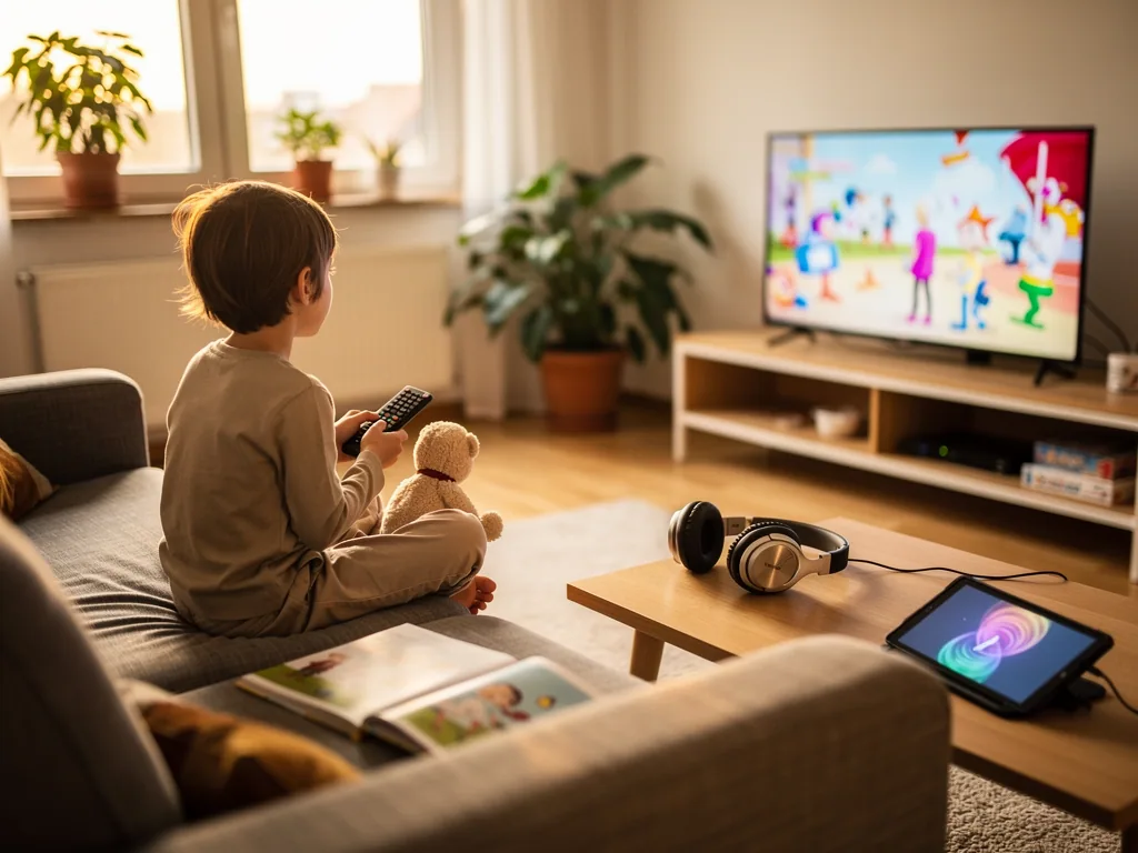 Kind sitzt mit Fernbedienung auf dem Sofa und schaut allein Fernsehen; Tablet und Kopfhörer liegen auf dem Tisch.