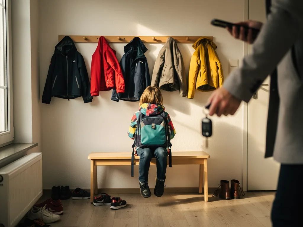 Kind sitzt mit Rucksack auf einer Bank im Flur, daneben hält ein Erwachsener Autoschlüssel und Smartphone.