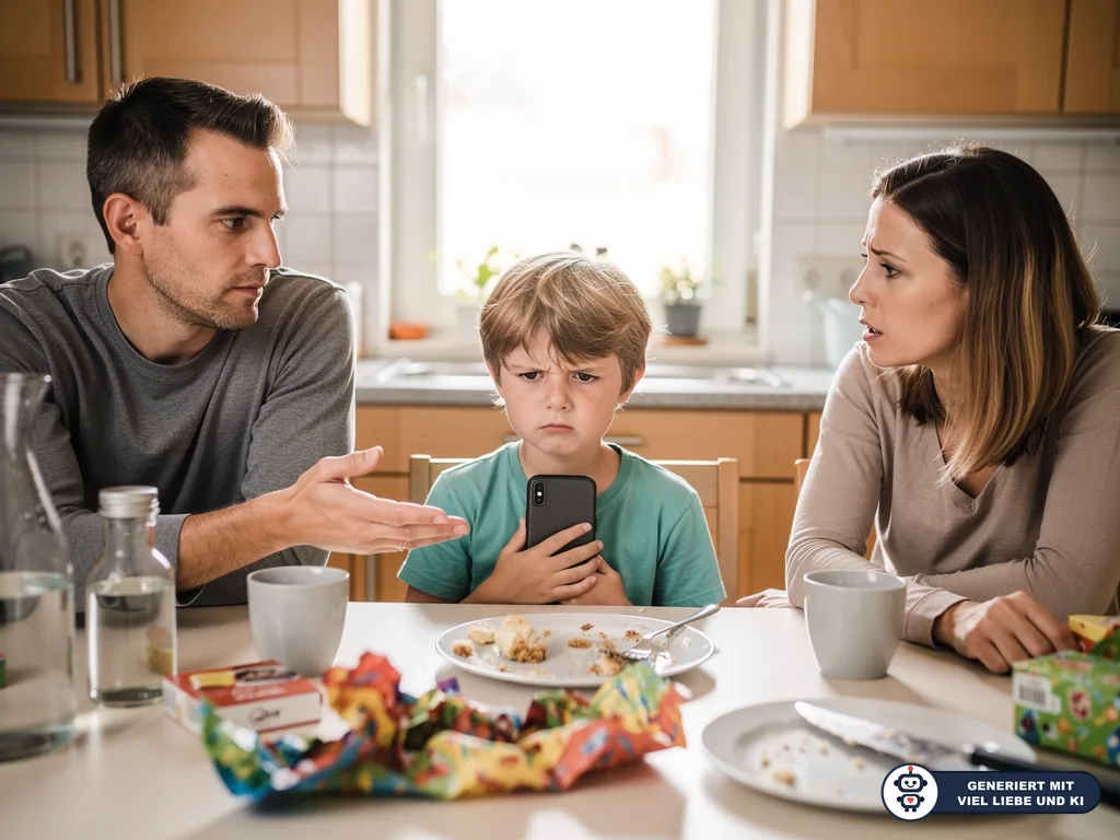 Kind sitzt mit Smartphone am Küchentisch zwischen ernst schauenden Eltern nach dem Essen. (mit KI erstellt)