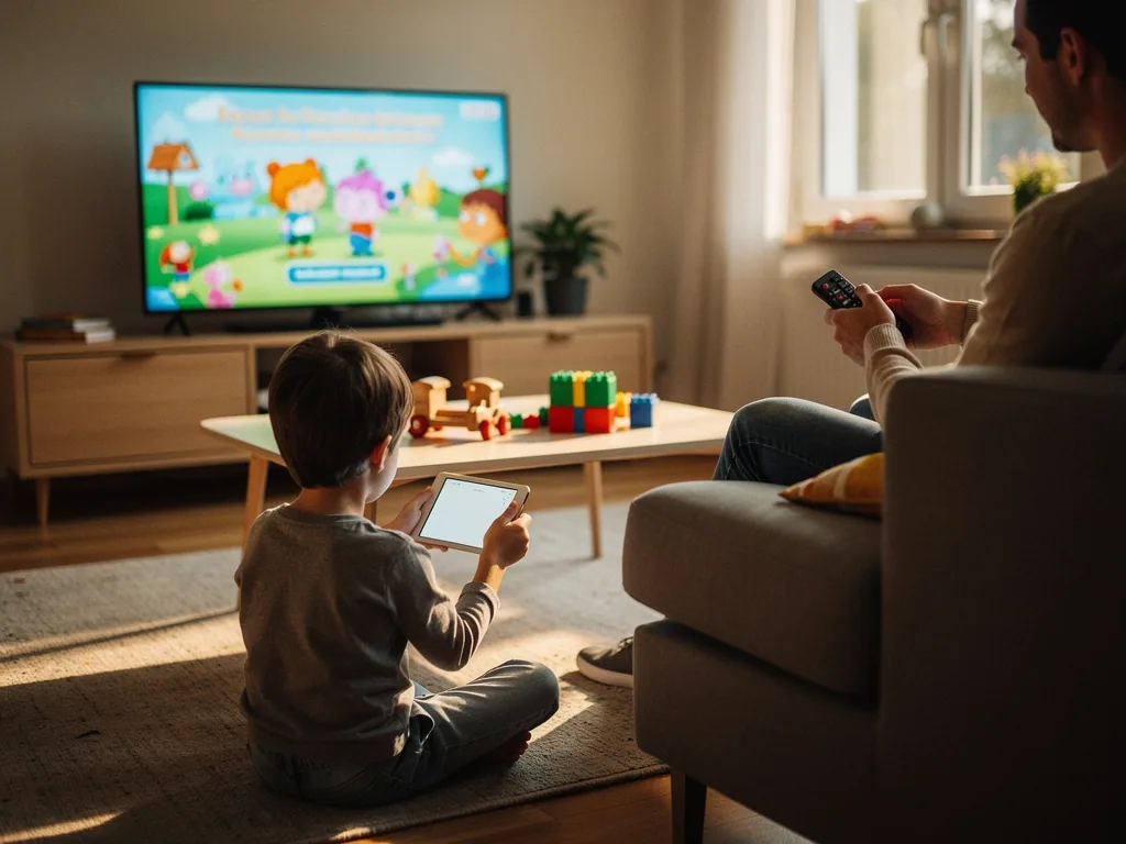 Kind sitzt mit Tablet vor einem Fernseher mit Kinderprogramm, Vater hält auf dem Sofa die Fernbedienung.