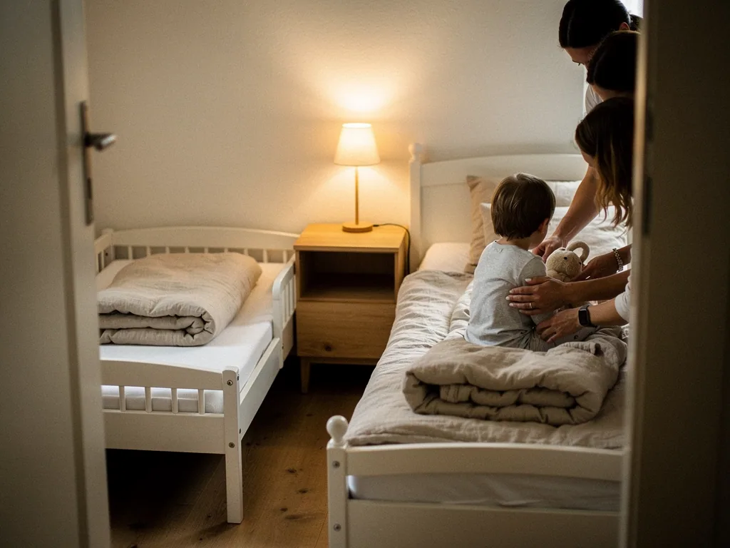 Kind sitzt mit Teddy auf dem Bett, zwei Erwachsene begleiten es im warm beleuchteten Kinderzimmer.