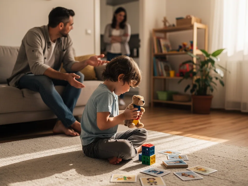 Kind sitzt mit Teddy und Bildkarten auf dem Teppich, während Vater und Mutter im Wohnzimmer im Hintergrund sprechen.