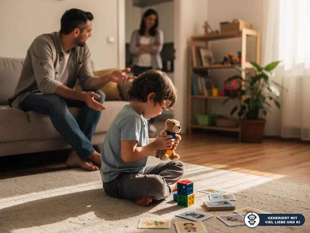 Kind sitzt mit Teddy und Bildkarten auf dem Teppich, während Vater und Mutter im Wohnzimmer im Hintergrund sprechen. (mit KI erstellt)