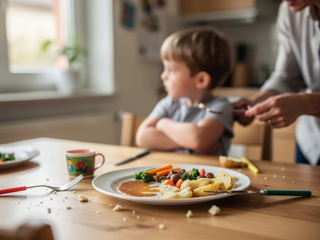 Kind sitzt mit verschränkten Armen am Esstisch, während ein Erwachsener ihm einen Löffel mit Essen anbietet.