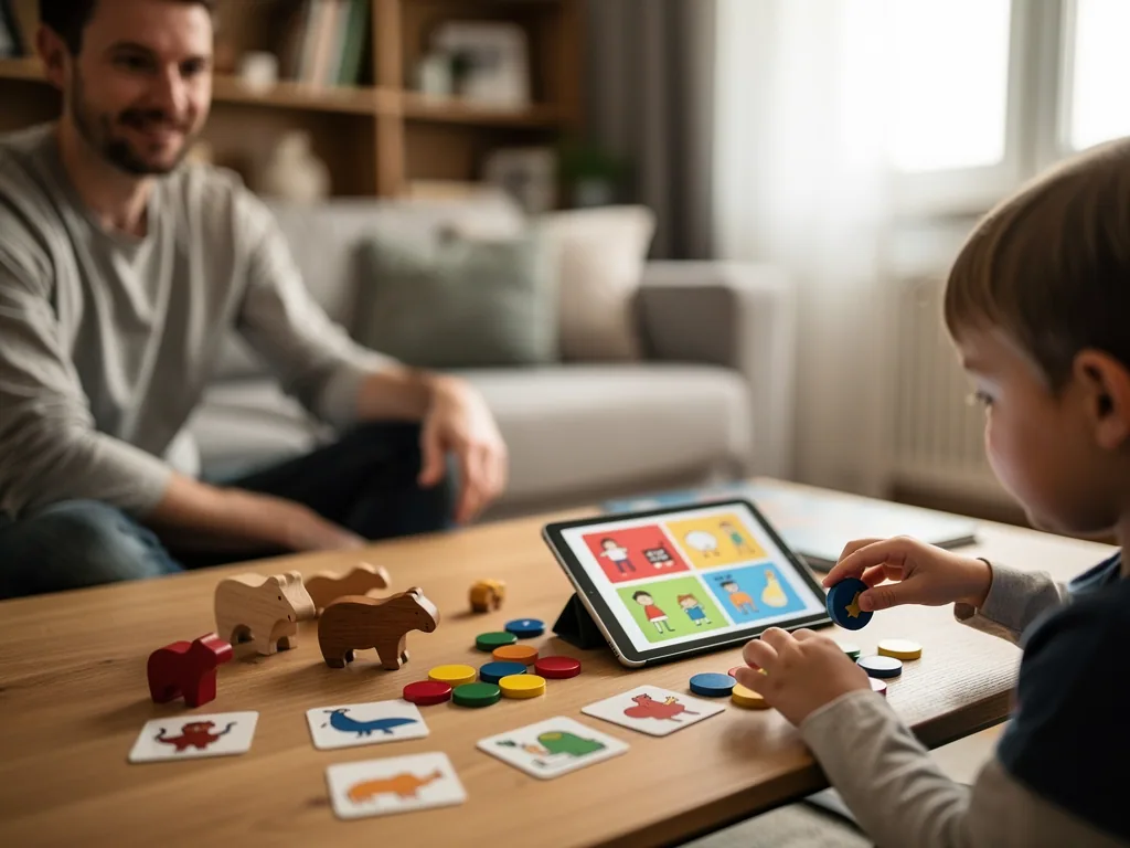 Kind spielt am Tablet ein Lernspiel mit Bildkarten und farbigen Chips, während der Vater im Wohnzimmer zusieht.