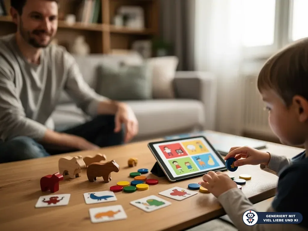 Kind spielt am Tablet ein Lernspiel mit Bildkarten und farbigen Chips, während der Vater im Wohnzimmer zusieht. (mit KI erstellt)