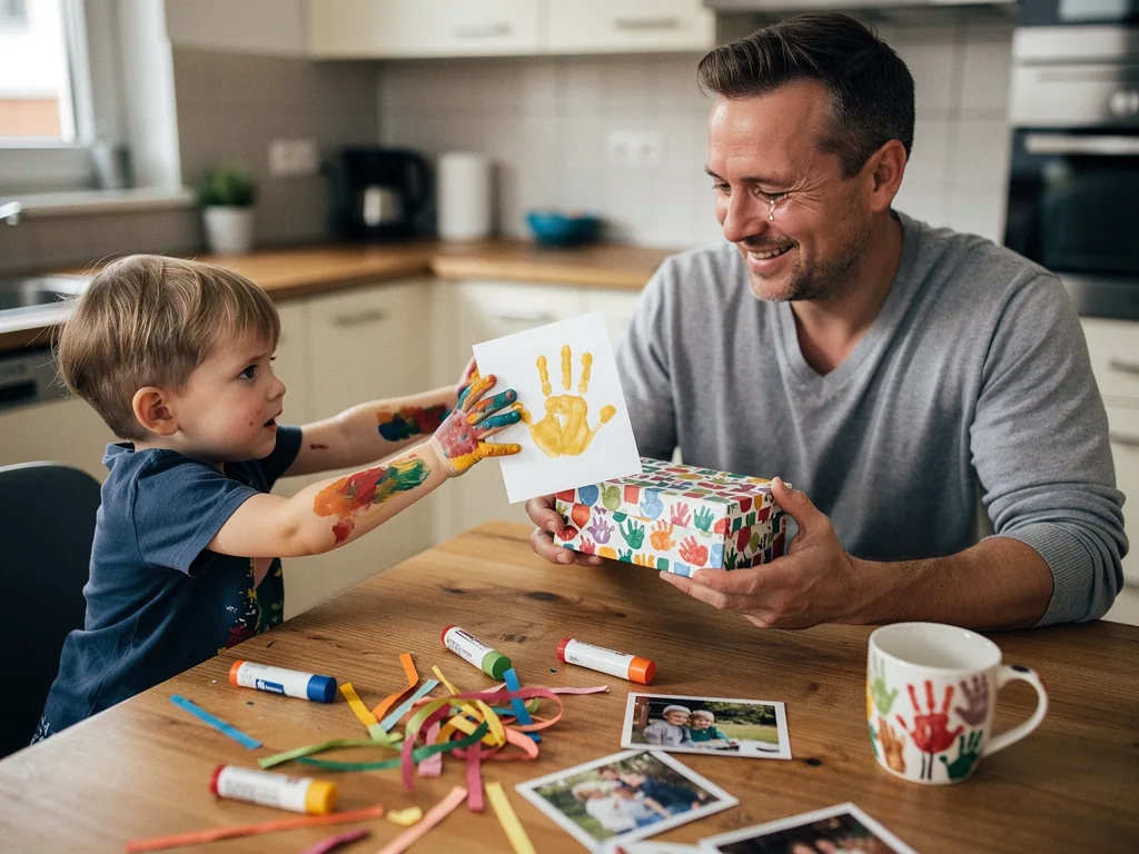 Kind überreicht Papa ein Geschenk mit Handabdruck-Karte am Küchentisch voller Bastelmaterial.