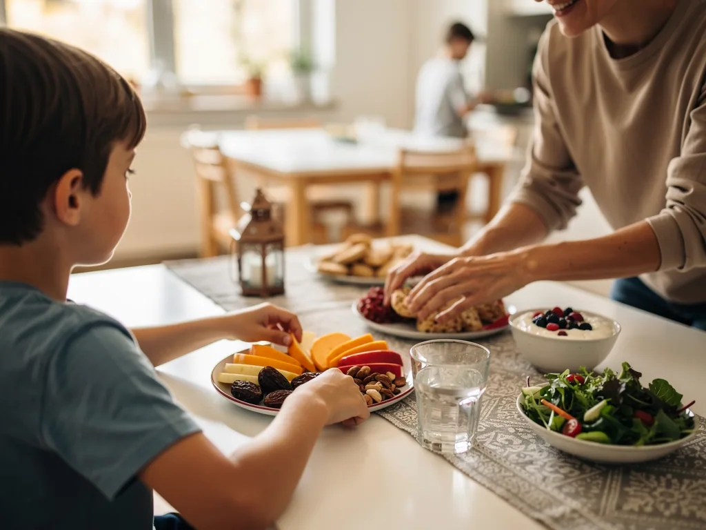 Kind und Erwachsener bereiten am Esstisch Obst, Datteln, Nüsse, Salat und Wasser vor.