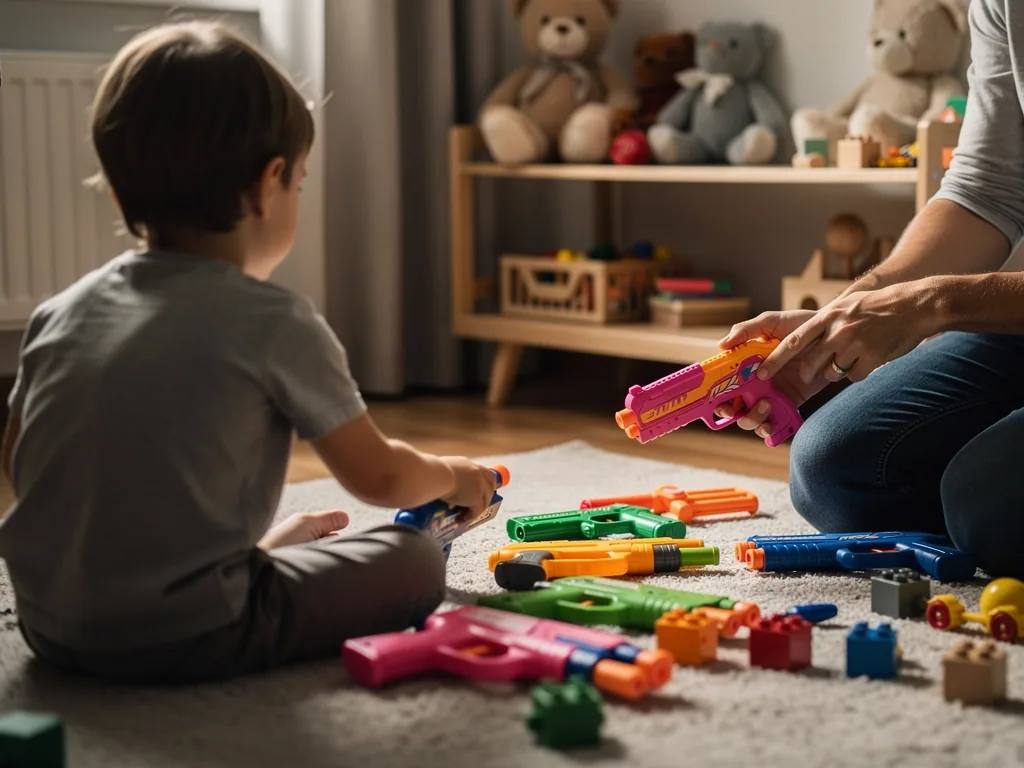 Kind und Erwachsener sitzen im Kinderzimmer auf dem Teppich und wählen zwischen bunten Spielzeugwaffen.