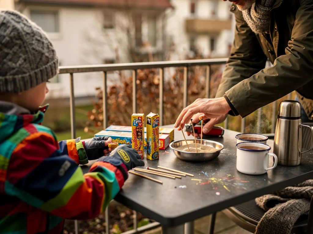 Kind und Erwachsener zünden auf dem Balkon Wunderkerzen in einer Sandschale an, daneben Becher und Thermoskanne.