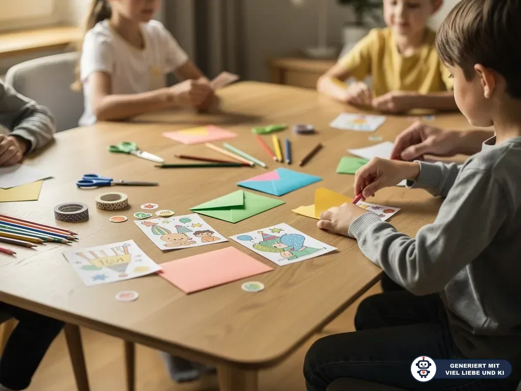 Kinder basteln am Holztisch bunte Geburtstagseinladungen mit Karten, Umschlägen, Stiften, Scheren und Aufklebern. (mit KI erstellt)
