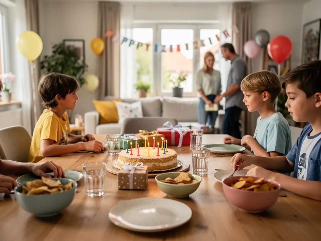Kinder sitzen am Geburtstagstisch mit Kuchen, Kerzen, Snacks und Geschenken; Eltern stehen im dekorierten Wohnzimmer.