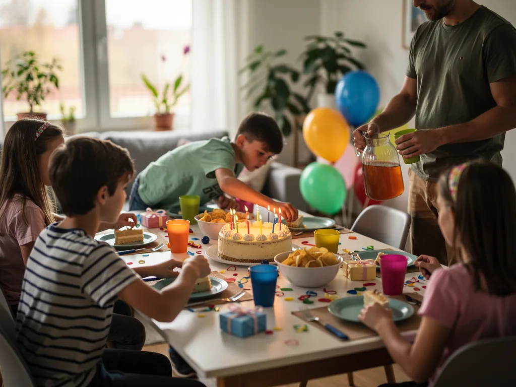 Kinder sitzen am Geburtstagstisch mit Kuchen, Kerzen und Snacks, ein Erwachsener schenkt Saft ein.