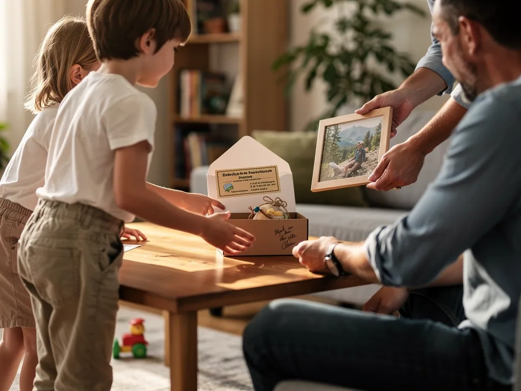 Kinder überreichen ihrem Vater eine Geschenkbox und ein gerahmtes Foto am Wohnzimmertisch.