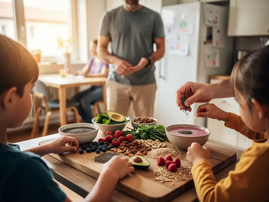 Kinder und Vater bereiten in der Küche Beeren, Samen, Nüsse, Avocado und Smoothie-Bowl als Superfood-Auswahl vor.