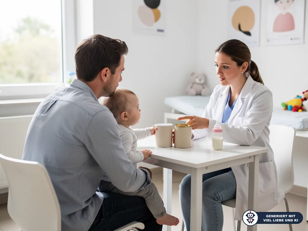 Kinderärztin berät Vater mit Baby zu Flaschennahrung; auf dem Tisch stehen Milchpulverdosen und ein Babyfläschchen. (mit KI erstellt)