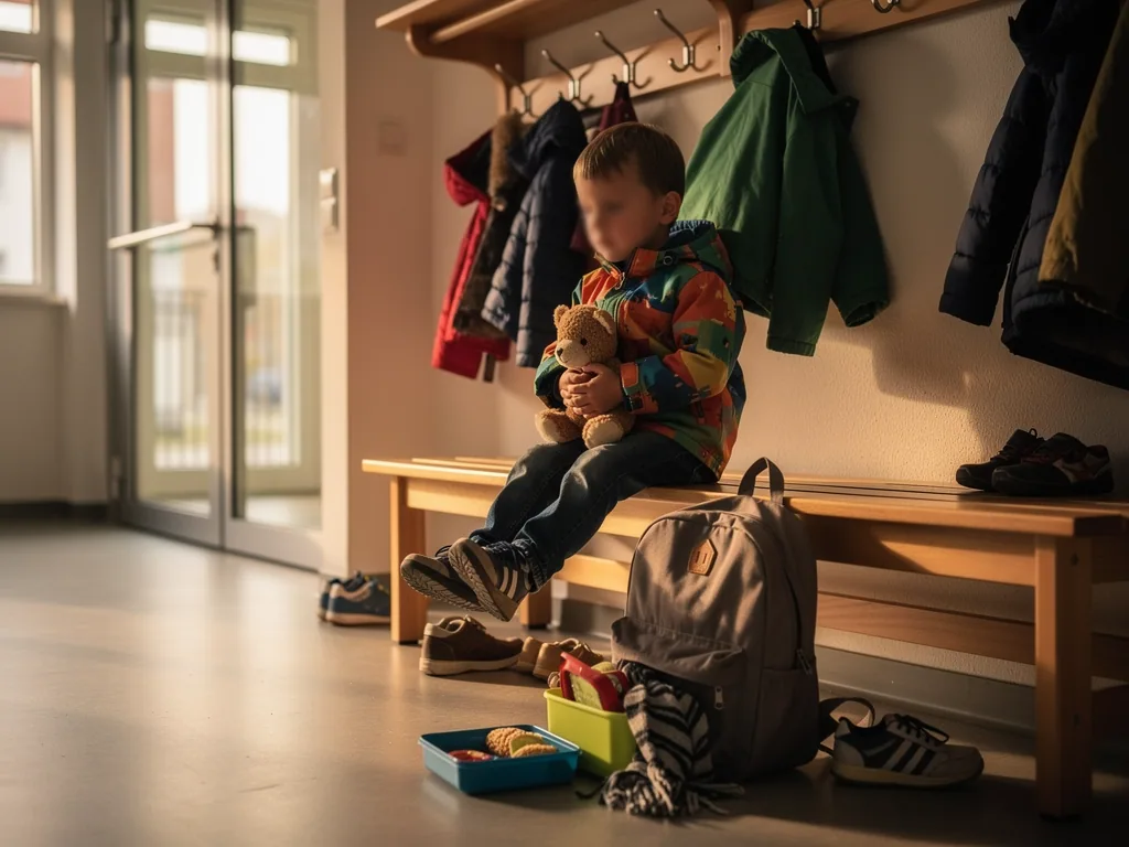 Kleiner Junge sitzt mit Teddybär allein auf einer Garderobenbank zwischen Jacken, Schuhen und Rucksack.