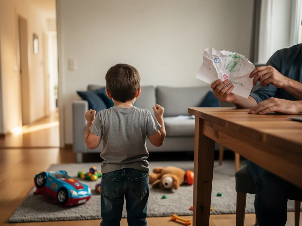 Kleines Kind steht mit geballten Fäusten vor Vater am Tisch, der eine zerknüllte Kinderzeichnung hält.
