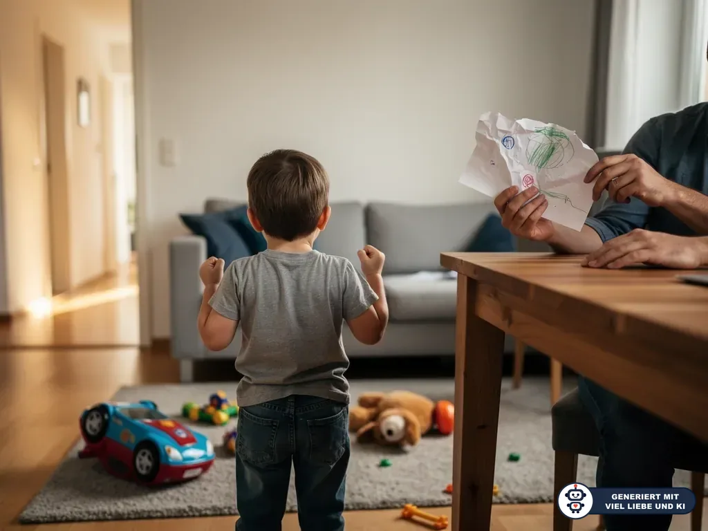 Kleines Kind steht mit geballten Fäusten vor Vater am Tisch, der eine zerknüllte Kinderzeichnung hält. (mit KI erstellt)