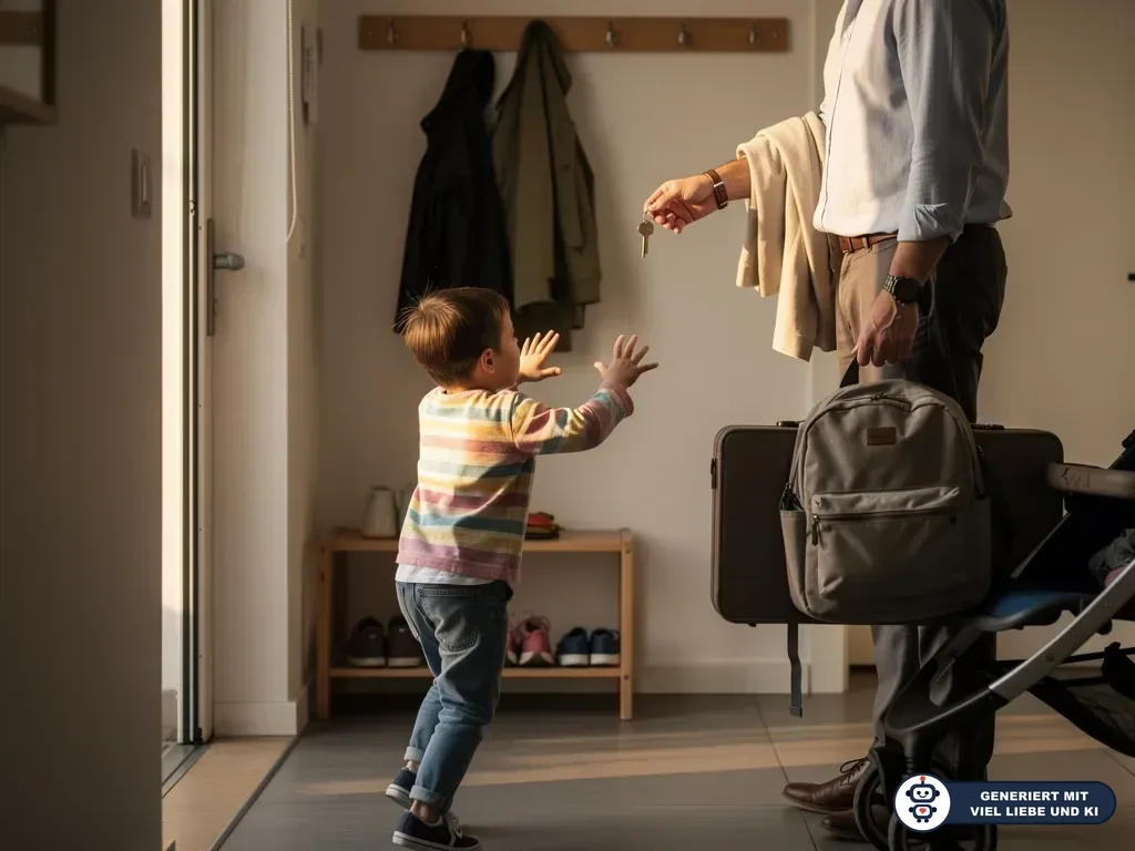 Kleines Kind streckt im Flur die Hände nach einem Vater mit Schlüssel, Koffer und Rucksack aus. (mit KI erstellt)