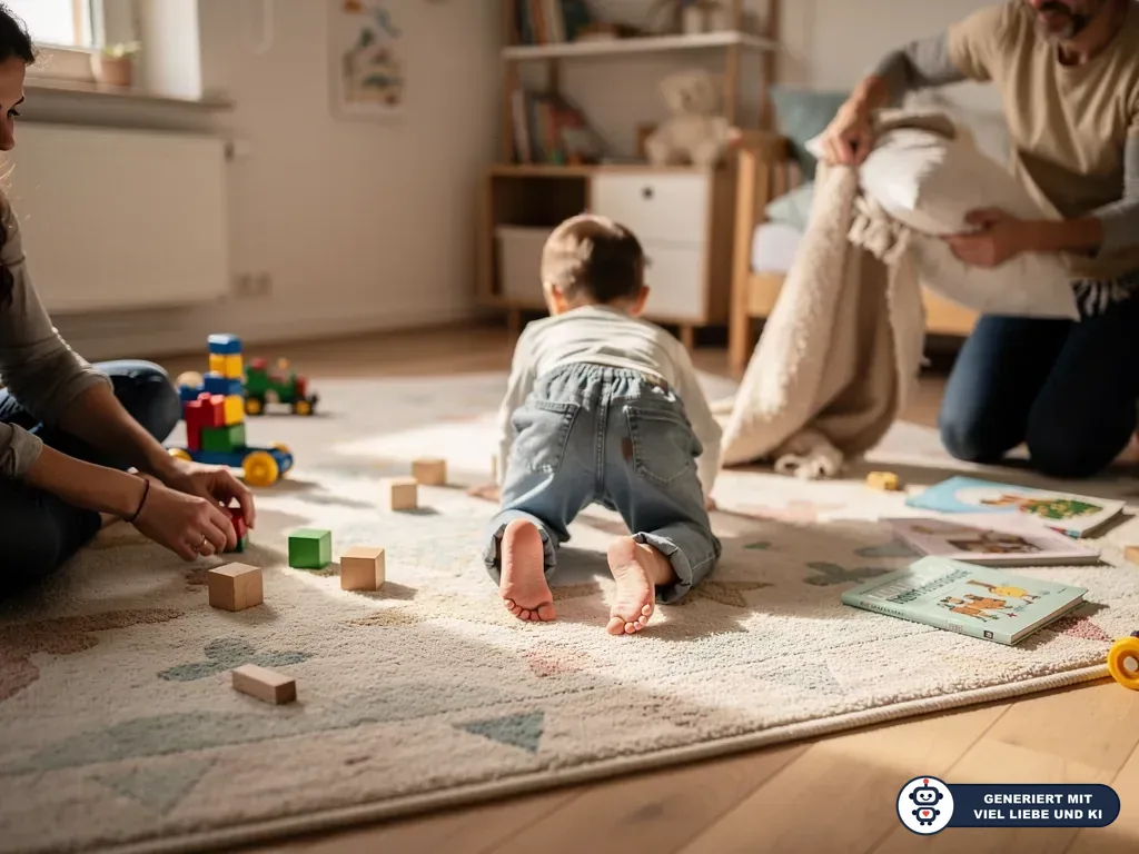 Kleinkind krabbelt auf weichem Kinderzimmerteppich zwischen Bauklötzen, Büchern und Eltern im Spielzimmer. (mit KI erstellt)