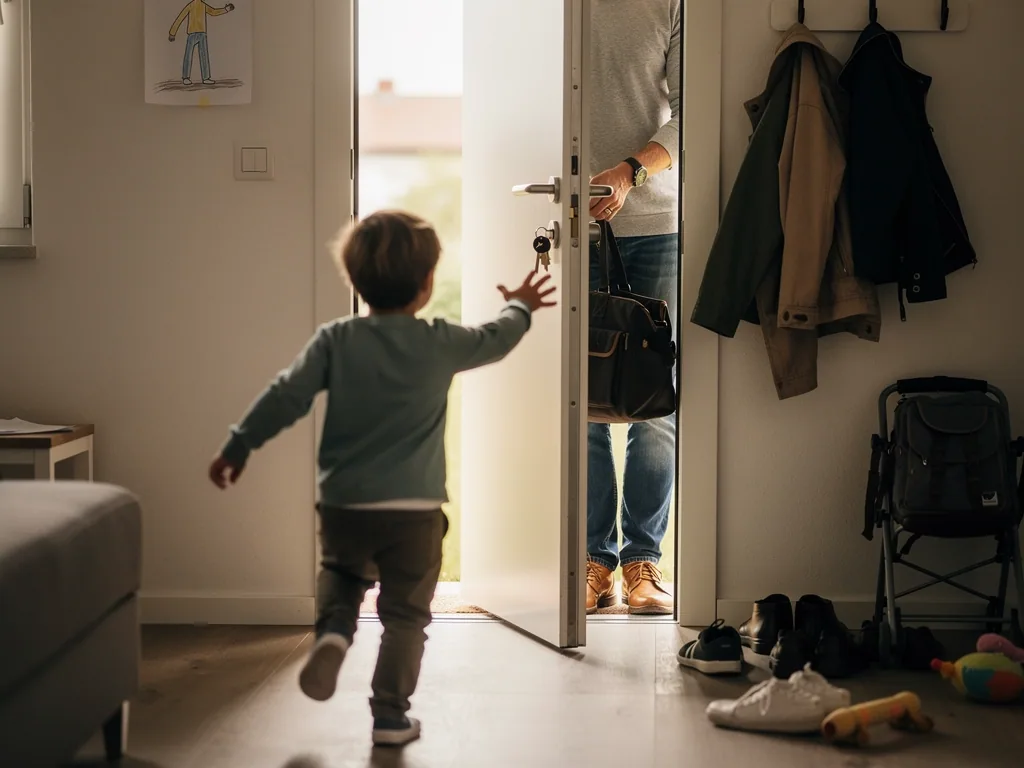 Kleinkind läuft zur geöffneten Wohnungstür, an der sein Vater mit Tasche und Schlüssel steht.