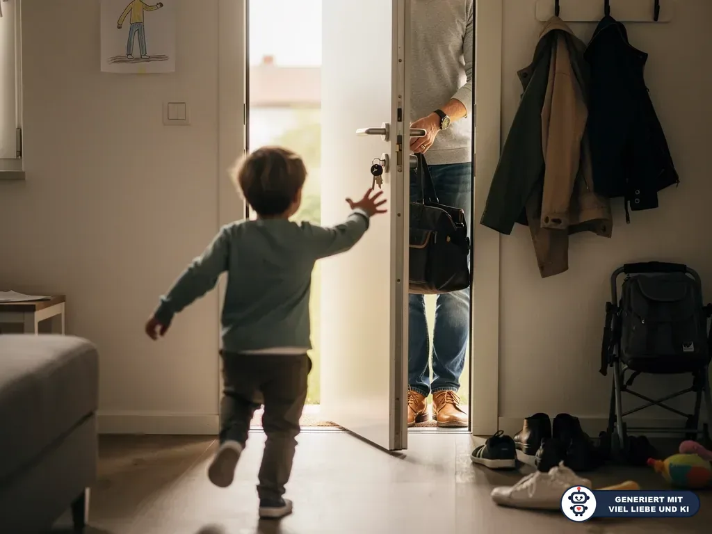 Kleinkind läuft zur geöffneten Wohnungstür, an der sein Vater mit Tasche und Schlüssel steht. (mit KI erstellt)