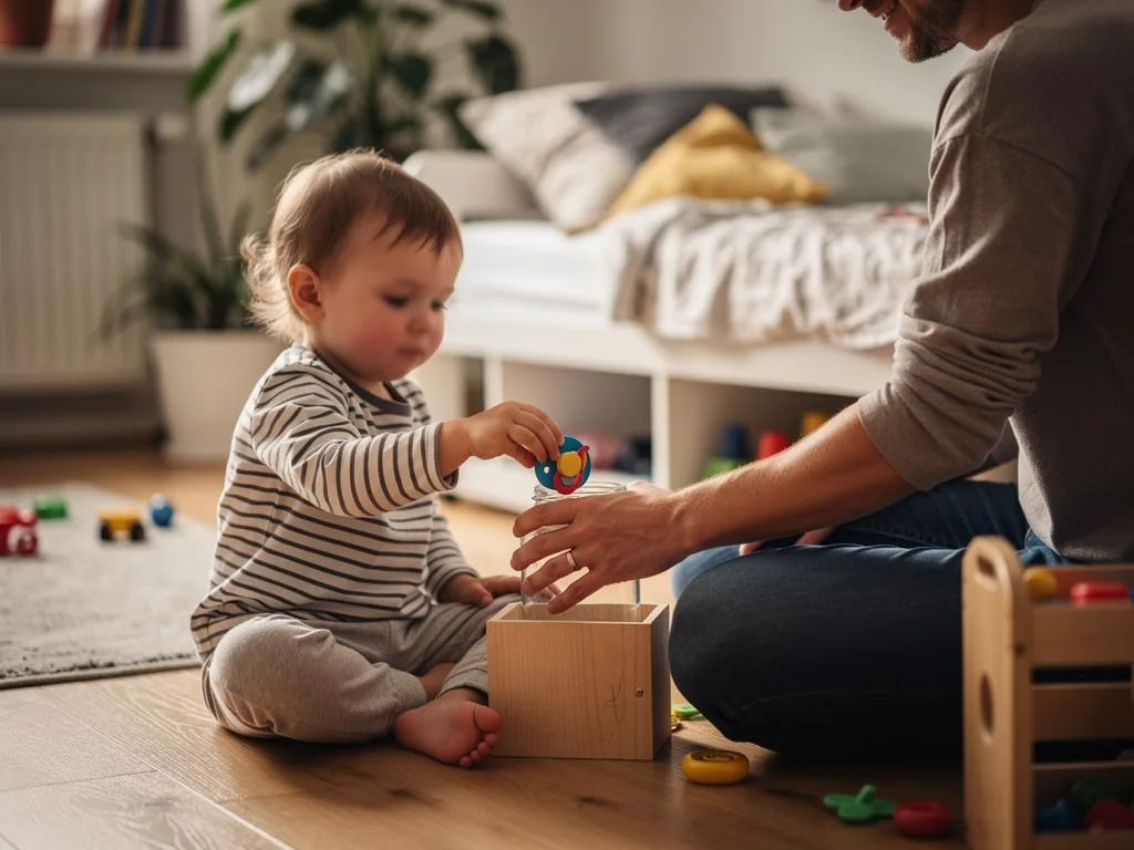 Kleinkind legt mit seinem Vater einen Schnuller in eine kleine Holzkiste im Wohnzimmer.