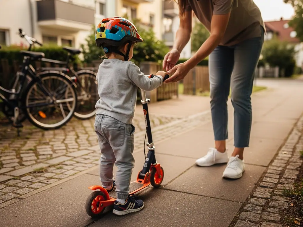 Kleinkind mit Helm steht auf einem Tretroller, ein Erwachsener hilft auf dem Gehweg beim sicheren Start.