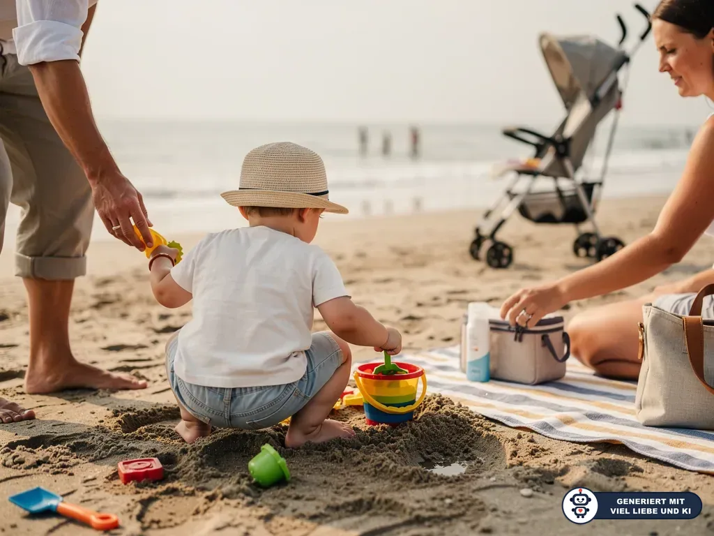Kleinkind mit Sonnenhut spielt am Strand mit Eimer und Schaufel, Eltern sitzen daneben, Buggy im Hintergrund. (mit KI erstellt)