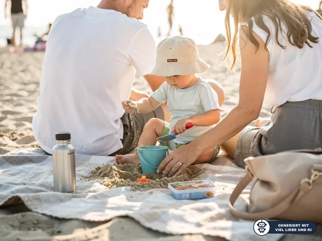Kleinkind mit Sonnenhut spielt zwischen seinen Eltern auf einer Stranddecke mit Sand, Eimer und Schaufel. (mit KI erstellt)