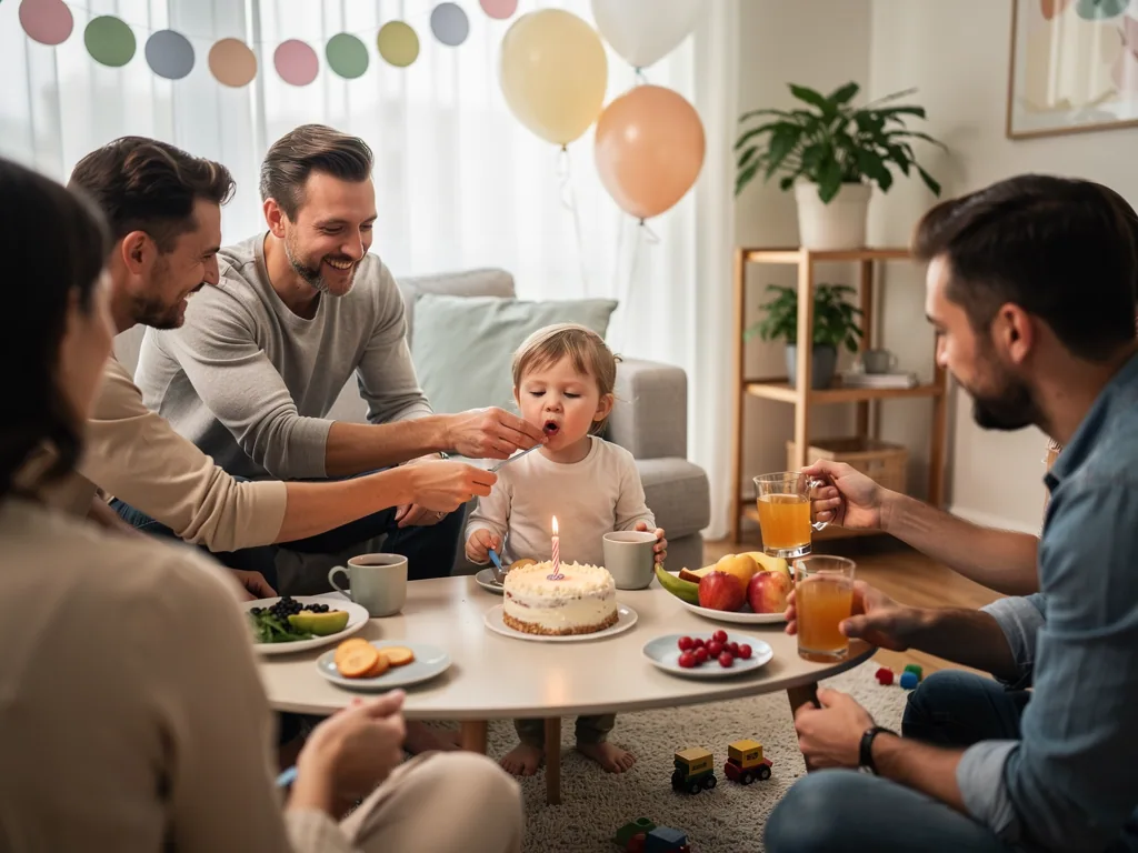 Kleinkind sitzt am Geburtstagstisch mit Kuchen und Kerze, Erwachsene reichen Essen in einem geschmückten Wohnzimmer.
