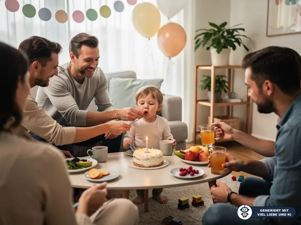 Kleinkind sitzt am Geburtstagstisch mit Kuchen und Kerze, Erwachsene reichen Essen in einem geschmückten Wohnzimmer. (mit KI erstellt)