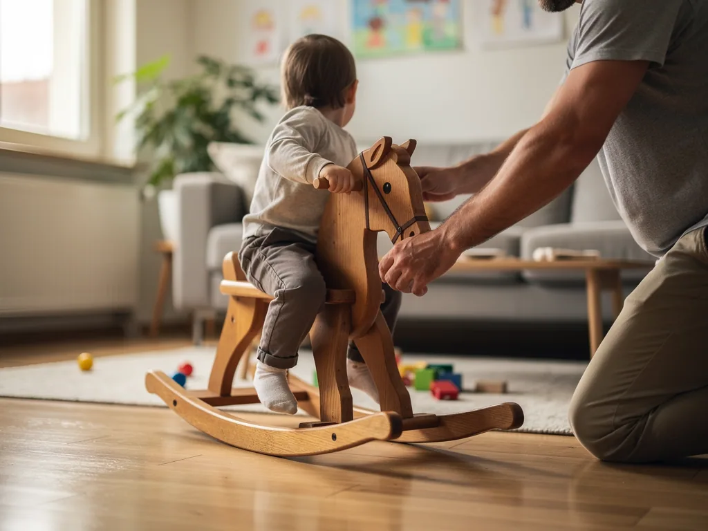 Kleinkind sitzt auf einem Holz-Schaukelpferd, während ein Vater es im Wohnzimmer festhält.