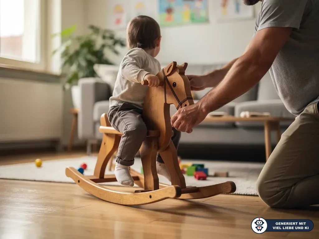 Kleinkind sitzt auf einem Holz-Schaukelpferd, während ein Vater es im Wohnzimmer festhält. (mit KI erstellt)