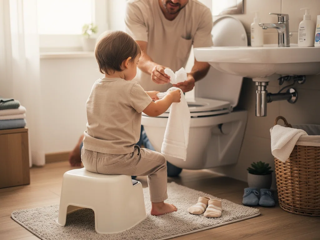 Kleinkind sitzt im Bad auf einem Hocker, ein Vater reicht Toilettenpapier neben Toilette und Waschbecken.