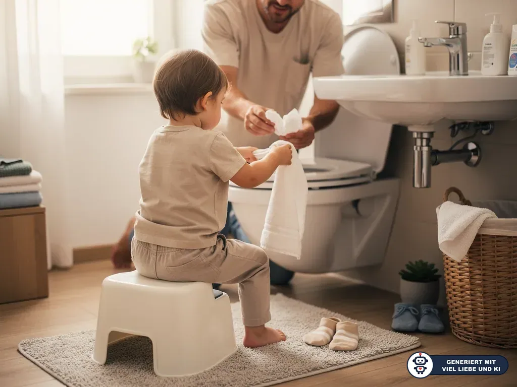 Kleinkind sitzt im Bad auf einem Hocker, ein Vater reicht Toilettenpapier neben Toilette und Waschbecken. (mit KI erstellt)