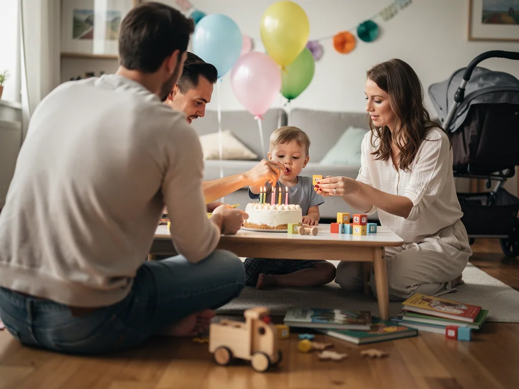 Kleinkind sitzt mit Eltern am niedrigen Tisch vor Geburtstagstorte mit Kerzen und pastellfarbenen Luftballons.