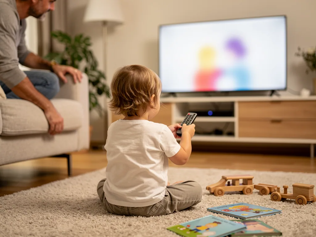 Kleinkind sitzt mit Fernbedienung vor dem Fernseher, Vater beobachtet es vom Sofa im Wohnzimmer.