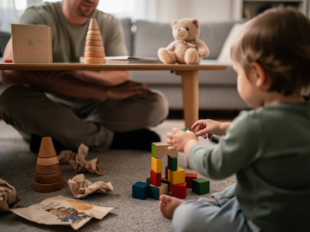 Kleinkind stapelt bunte Holzklötze auf dem Teppich, während ein Vater daneben sitzt; Holzspielzeug und Teddybär liegen bereit.