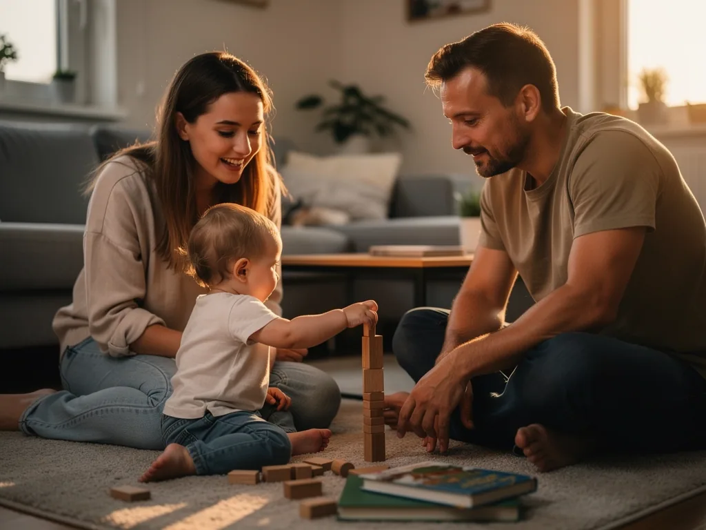 Kleinkind stapelt Holzklötze mit einer jungen Frau und einem Vater im Wohnzimmer.
