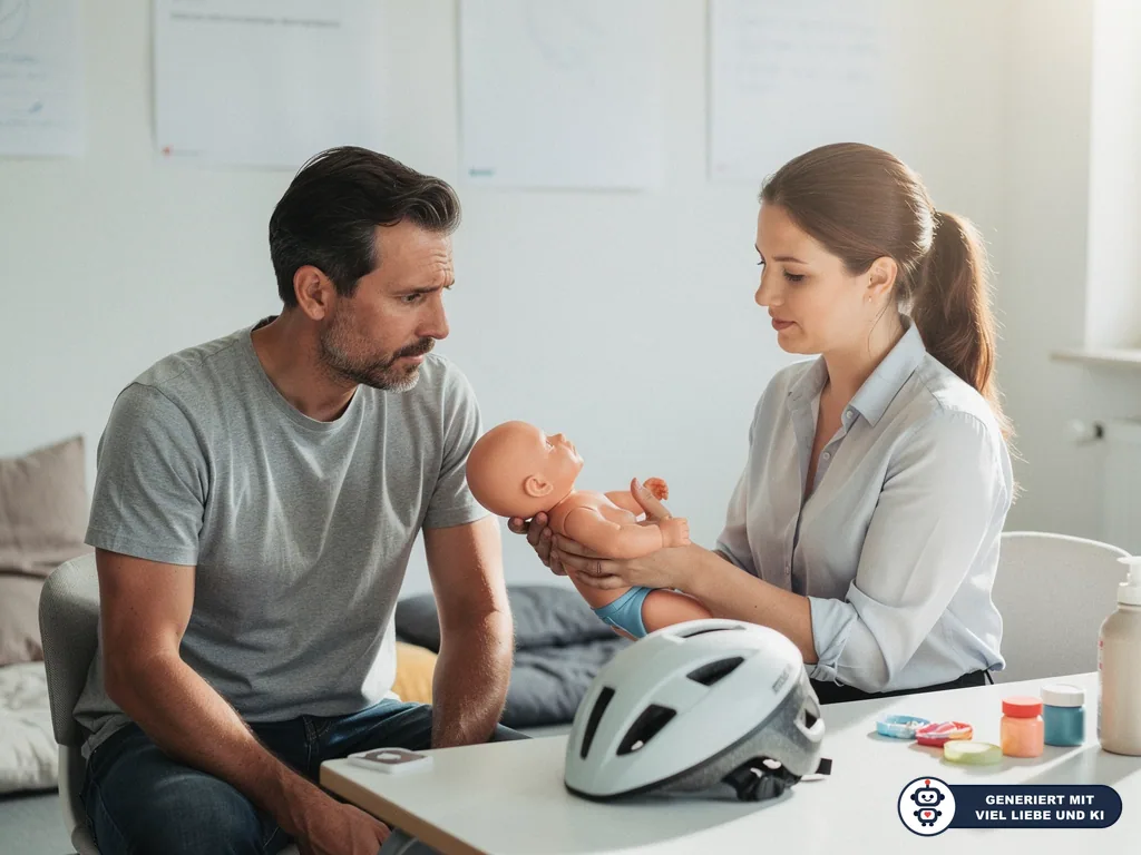 Kursleiterin zeigt einem Vater an einer Babypuppe Erste Hilfe; Helm und Medikamente liegen auf dem Tisch. (mit KI erstellt)