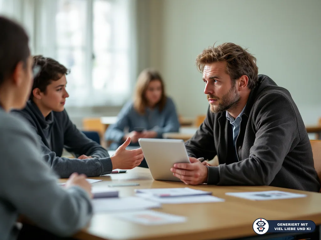 Lehrer oder Coach spricht mit Jugendlichen im Klassenzimmer und hält ein Tablet in der Hand. (mit KI erstellt)