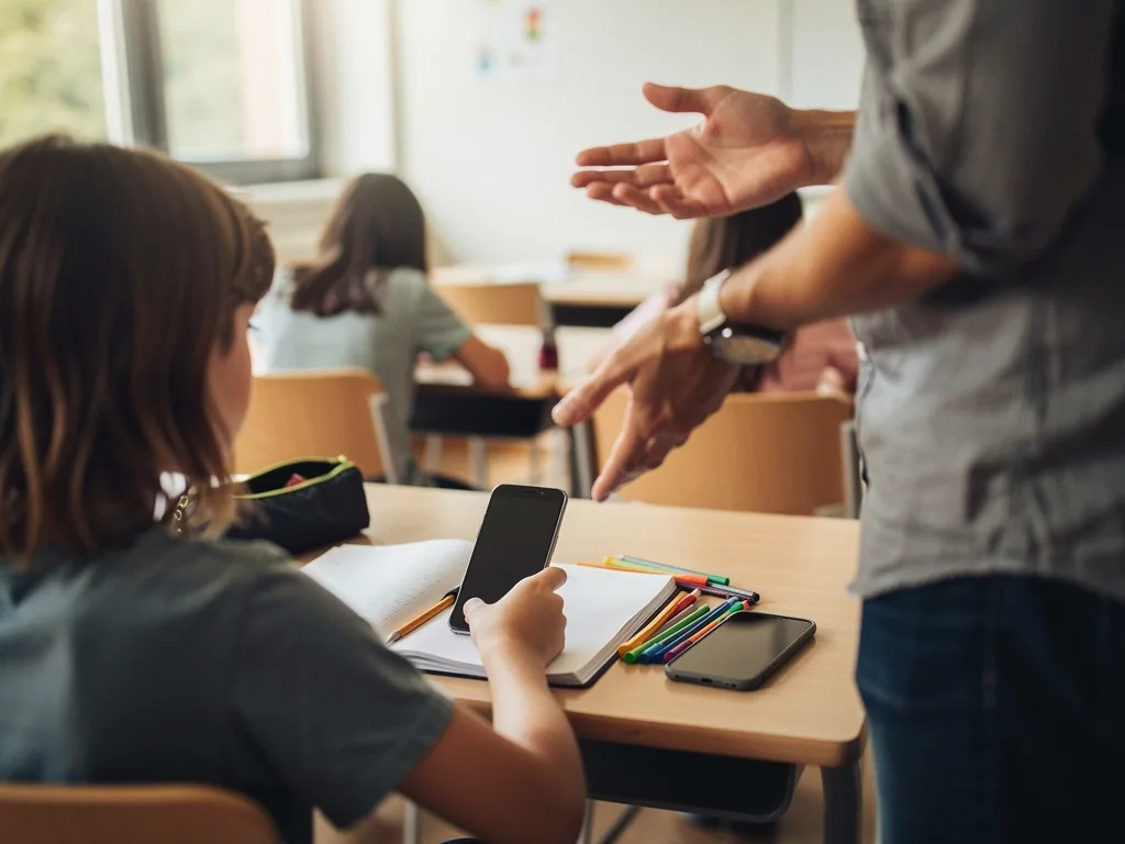 Lehrer steht neben Schüler mit Smartphone am Schreibtisch im Klassenzimmer, weitere Kinder sitzen im Hintergrund.